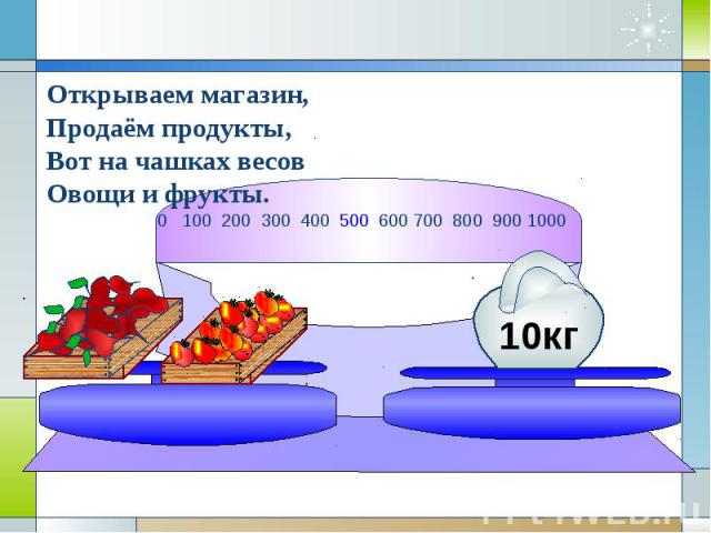 Открываем магазин,Продаём продукты,Вот на чашках весовОвощи и фрукты.