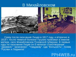 В Михайловском Сразу после окончания Лицея в 1817 году, и вторично в 1819 г. пос