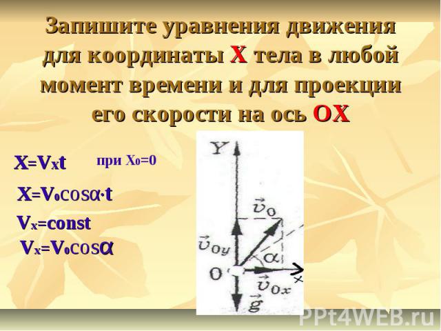 Запишите уравнения движения для координаты X тела в любой момент времени и для проекции его скорости на ось OXX=VxtX=V0cosα·tVx=constVx=V0cosα