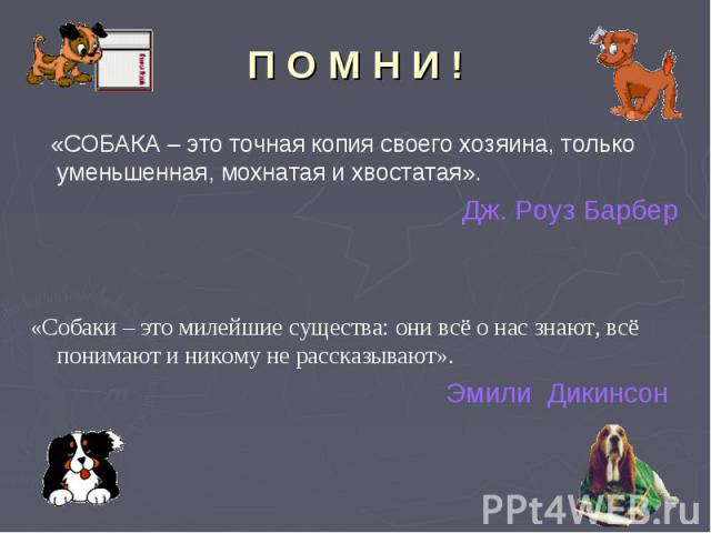 «СОБАКА – это точная копия своего хозяина, только уменьшенная, мохнатая и хвостатая». «СОБАКА – это точная копия своего хозяина, только уменьшенная, мохнатая и хвостатая». Дж. Роуз Барбер «Собаки – это милейшие существа: они всё о нас знают, всё пон…