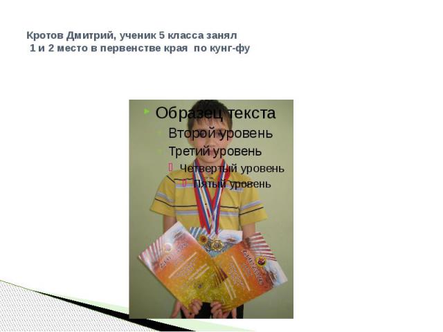 Кротов Дмитрий, ученик 5 класса занял 1 и 2 место в первенстве края по кунг-фу