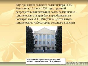 Ещё при жизни великого селекционера И. В. Мичурина, 16 июля 1934 года, прежний р