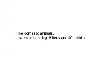 I like domestic animals. I have 4 cats, a dog, 8 hens and 40 rabbits.