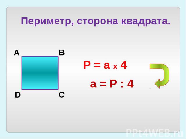 Периметр, сторона квадрата.Р = а х 4а = Р : 4