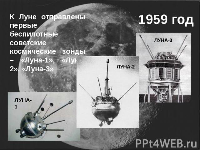 1959 годК Луне отправлены первые беспилотные советские космические зонды – «Луна-1», «Луна-2», «Луна-3»