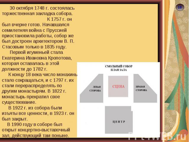 30 октября 1748 г. состоялась торжественная закладка собора. К 1757 г. он был вчерне готов. Начавшаяся cемилетняя война с Пруссией приостановила работы, собор же был достроен архитектором В. П. Стасовым только в 1835 году. Первой игуменьей стала Ека…