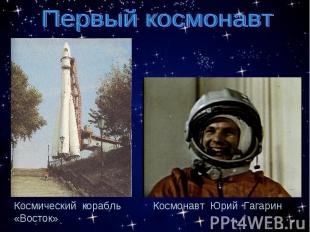 Первый космонавтКосмический корабль «Восток»Космонавт Юрий Гагарин
