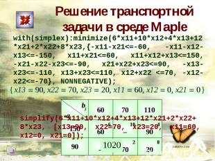 Решение транспортной задачи в среде Maplewith(simplex):minimize(6*x11+10*x12+4*x
