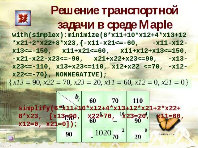 Решение транспортной задачи в среде Maplewith(simplex):minimize(6*x11+10*x12+4*x13+12*x21+2*x22+8*x23,{-x11-x21