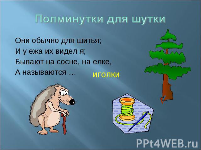 Полминутки для шутки Они обычно для шитья;И у ежа их видел я;Бывают на сосне, на елке, А называются …