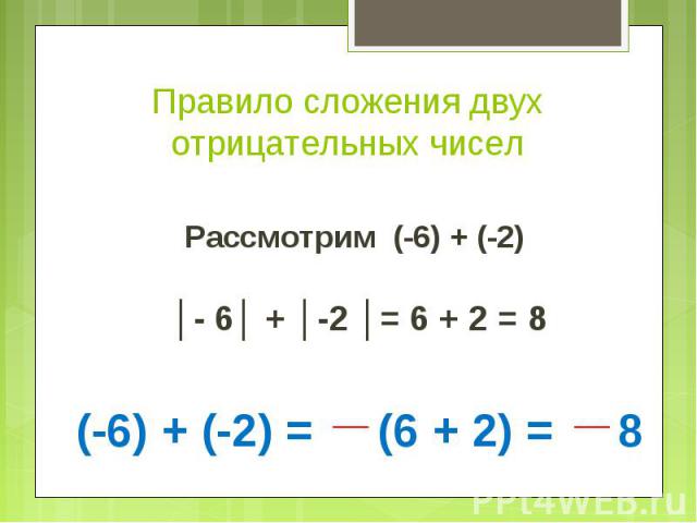 Правило сложения двух отрицательных чисел Рассмотрим (-6) + (-2) │- 6│ + │-2 │= 6 + 2 = 8(-6) + (-2) = (6 + 2) = 8