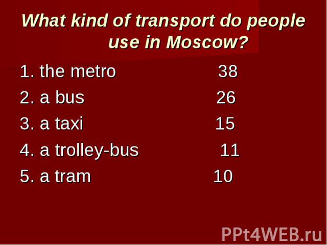 What kind of transport do people use in Moscow? 1. the metro 382. a bus 263. a taxi 154. a trolley-bus 115. a tram 10