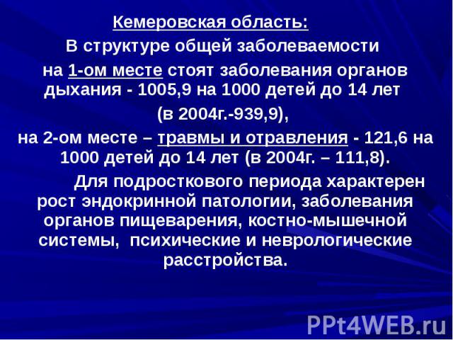 Кемеровская область:      В структуре общей заболеваемости на 1-ом месте стоят заболевания органов дыхания - 1005,9 на 1000 детей до 14 лет (в 2004г.-939,9), на 2-ом месте – травмы и отравления - 121,6 на 1000 детей до 14 лет (в 2004г. – 111,8).    …