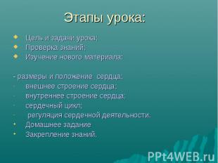 Этапы урока: Цель и задачи урока;Проверка знаний;Изучение нового материала:- раз