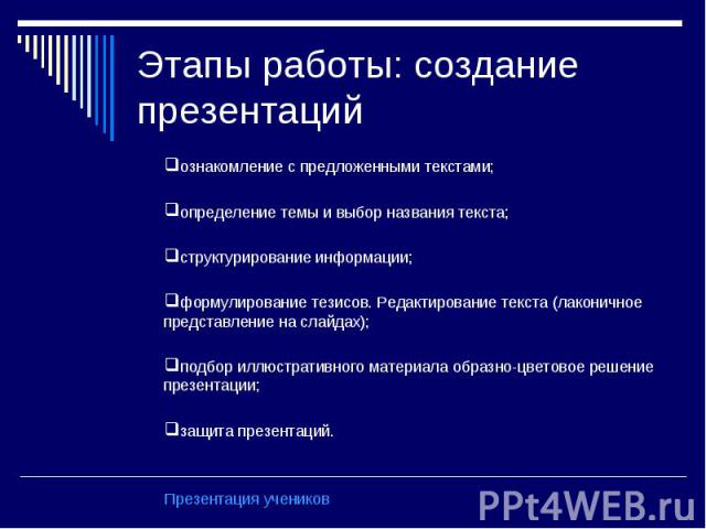 Этапы работы: создание презентаций ознакомление с предложенными текстами;определение темы и выбор названия текста;структурирование информации;формулирование тезисов. Редактирование текста (лаконичное представление на слайдах);подбор иллюстративного …