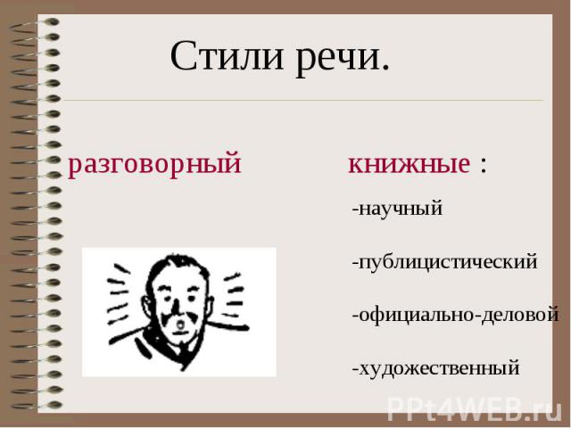 Стили речи.разговорныйкнижные :-научный-публицистический-официально-деловой-художественный