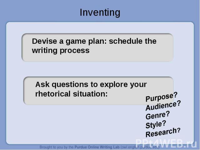 Inventing Devise a game plan: schedule the writing processAsk questions to explore your rhetorical situation:Purpose?Audience?Genre?Style?Research?