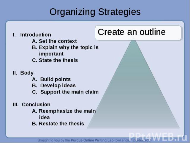 Organizing Strategies Create an outlineI. IntroductionA. Set the contextB. Explain why the topic is important C. State the thesisII. BodyA. Build pointsB. Develop ideasC. Support the main claimIII. ConclusionA. Reemphasize the main ideaB. Restate th…