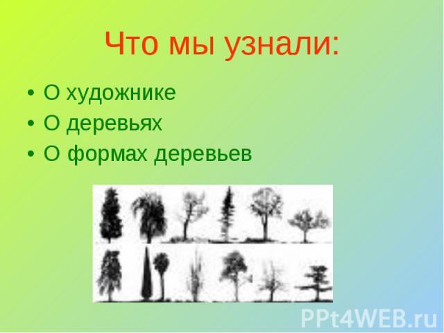 Что мы узнали: О художникеО деревьяхО формах деревьев