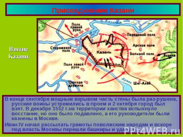 Присоединение Казани Взятие Казани.В конце сентября мощным взрывом часть стены была раз-рушена, русские воины устремились в проем и 2 октября город был взят. В декабре 1552 г.на территории ханства вспыхнуло восстание, но оно было подавлено, а его ру…