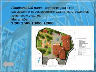 Генеральный план – содержит данные о размещении проектируемого здания на отведен