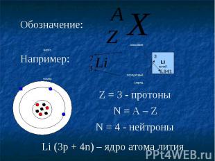 Обозначение:Например:Z = 3 - протоныN = A – ZN = 4 - нейтроныLi (3p + 4n) – ядро