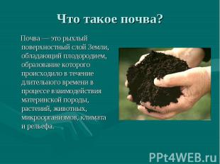 Что такое почва? Почва — это рыхлый поверхностный слой Земли, обладающий плодоро