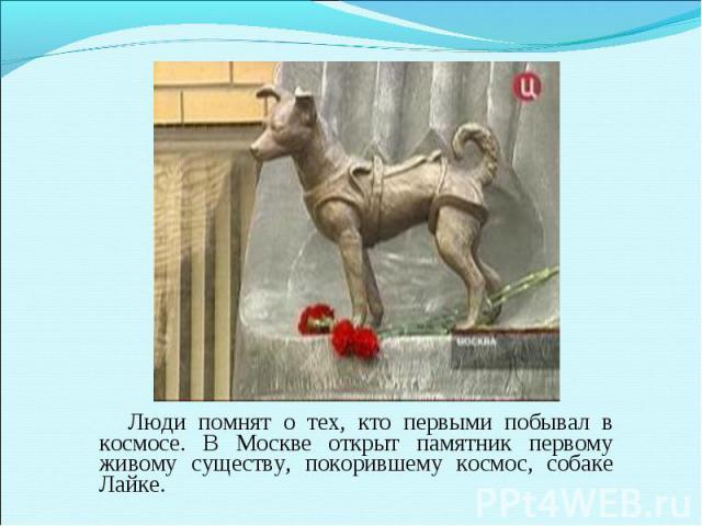 Люди помнят о тех, кто первыми побывал в космосе. В Москве открыт памятник первому живому существу, покорившему космос, собаке Лайке.