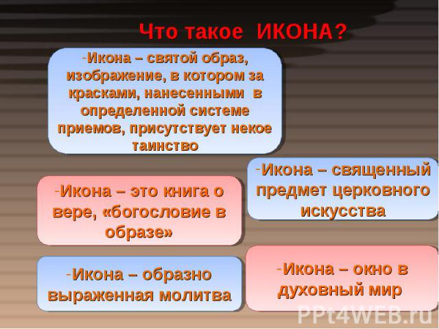 Что такое ИКОНА? Икона – святой образ, изображение, в котором за красками, нанесенными в определенной системе приемов, присутствует некое таинствоИкона – это книга о вере, «богословие в образе»Икона – священный предмет церковного искусстваИкона – об…