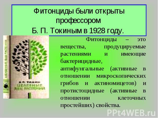 Фитонциды были открыты профессором Б. П. Токиным в 1928 году. Фитонциды – это вещества, продуцируемые растениями и имеющие бактерицидные, антифунгальные (активные в отношении микроскопических грибов и актиномицетов) и протистоцидные (активные в отно…