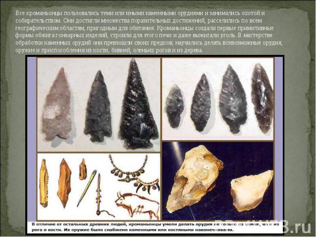 Все кроманьонцы пользовались теми или иными каменными орудиями и занимались охотой и собирательством. Они достигли множества поразительных достижений, расселились по всем географическим областям, пригодным для обитания. Кроманьонцы создали первые пр…