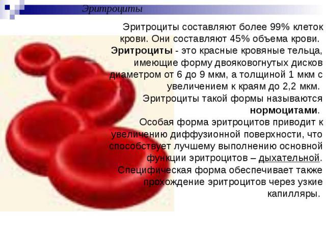 ЭритроцитыЭритроциты составляют более 99% клеток крови. Они составляют 45% объема крови. Эритроциты - это красные кровяные тельца, имеющие форму двояковогнутых дисков диаметром от 6 до 9 мкм, а толщиной 1 мкм с увеличением к краям до 2,2 мкм. Эритро…