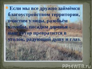 Если мы все дружно займёмся благоустройством территории, очистим улицы, разобьём