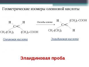 Геометрические изомеры олеиновой кислоты Олеиновая кислотаЭлаидиновая кислотаЭла