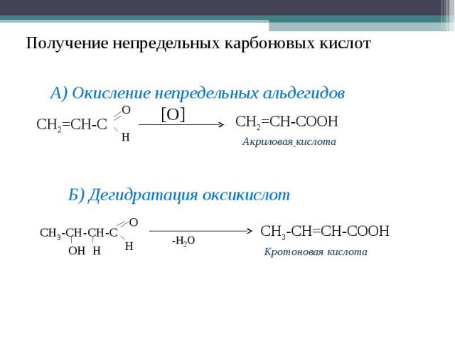 Получение непредельных карбоновых кислотА) Окисление непредельных альдегидовБ) Дегидратация оксикислот