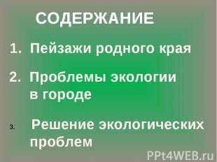 СОДЕРЖАНИЕ 1. Пейзажи родного края2. Проблемы экологии в городеРешение экологиче