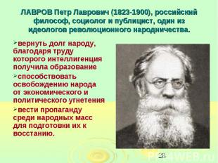 ЛАВРОВ Петр Лаврович (1823-1900), российский философ, социолог и публицист, один