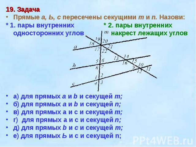 19. ЗадачаПрямые а, Ь, с пересечены секущими т и п. Назови:* 1. пары внутренних * 2. пары внутренниходносторонних углов накрест лежащих угловa) для прямых а и b и секущей т; б) для прямых а и b и секущей n;в) для прямых а и с и секущей т;г) для прям…