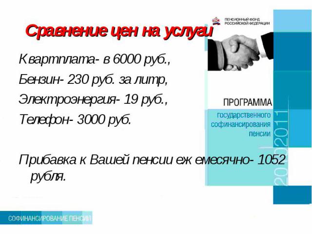 Сравнение цен на услуги Квартплата- в 6000 руб., Бензин- 230 руб. за литр,Электроэнергия- 19 руб., Телефон- 3000 руб.Прибавка к Вашей пенсии ежемесячно- 1052 рубля.