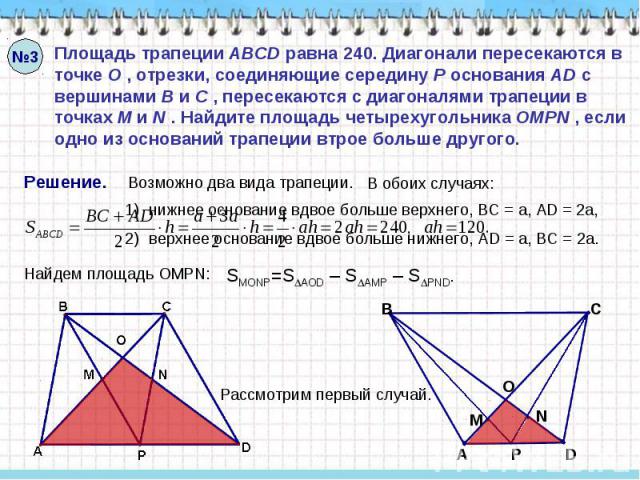 Площадь трапеции ABCD равна 240. Диагонали пересекаются в точке O , отрезки, соединяющие середину P основания AD с вершинами B и C , пересекаются с диагоналями трапеции в точках M и N . Найдите площадь четырехугольника OMPN , если одно из оснований …