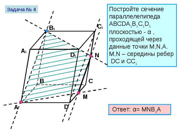 Постройте сечение параллелепипеда ABCDA1B1C1D1 плоскостью - α , проходящей через данные точки M,N,А.M,N – середины ребер DC и CC1 Ответ: α= MNB1A