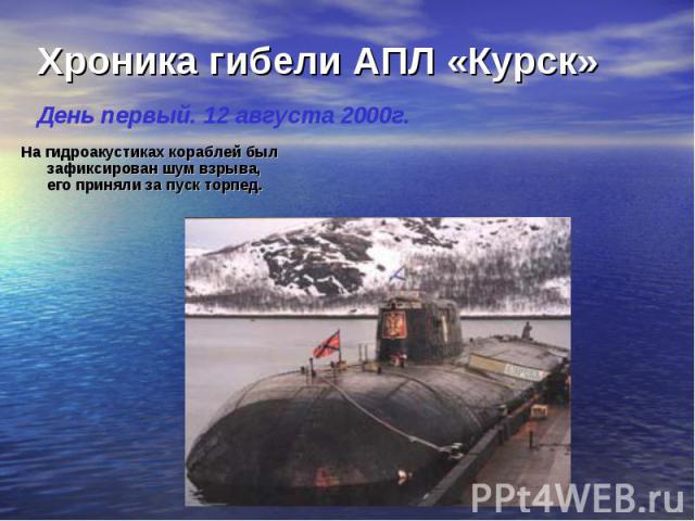 Хроника гибели АПЛ «Курск» День первый. 12 августа 2000г.На гидроакустиках кораблей был зафиксирован шум взрыва, его приняли за пуск торпед.
