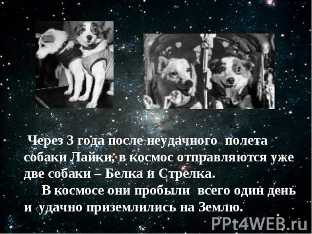 Через 3 года после неудачного полета собаки Лайки, в космос отправляются уже две собаки – Белка и Стрелка. В космосе они пробыли всего один день и удачно приземлились на Землю.