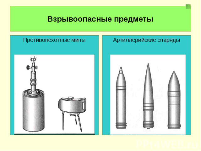 Взрывоопасные предметы Противопехотные миныАртиллерийские снаряды