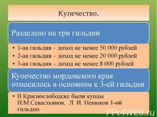 Купечество. Разделено на три гильдии1-ая гильдия – доход не менее 50 000 рублей2
