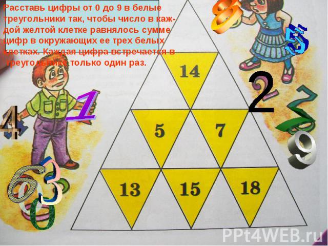 Расставь цифры от 0 до 9 в белыетреугольники так, чтобы число в каж-дой желтой клетке равнялось суммецифр в окружающих ее трех белыхклетках. Каждая цифра встречается в треугольнике только один раз.