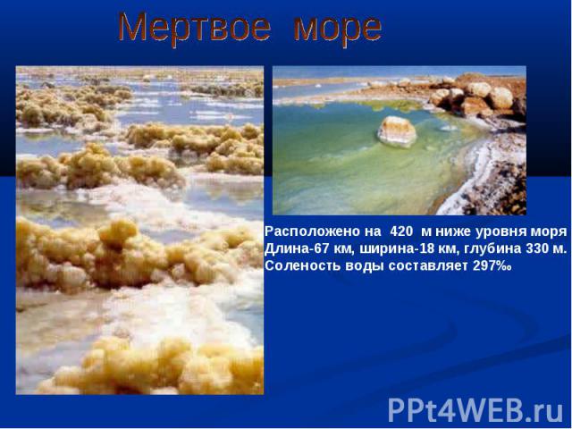 Мертвое мореРасположено на 420 м ниже уровня моряДлина-67 км, ширина-18 км, глубина 330 м.Соленость воды составляет 297‰