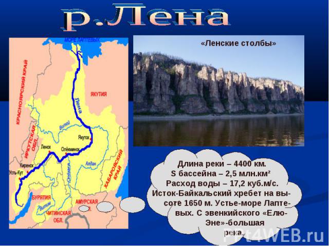 р.Лена Длина реки – 4400 км. S бассейна – 2,5 млн.км² Расход воды – 17,2 куб.м/с.Исток-Байкальский хребет на вы- соте 1650 м. Устье-море Лапте- вых. С эвенкийского «Елю- Эне»-большая река.