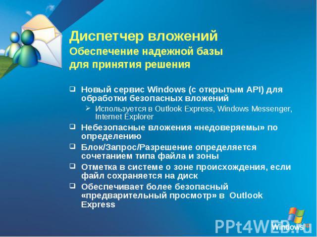 Диспетчер вложенийОбеспечение надежной базы для принятия решенияНовый сервис Windows (с открытым API) для обработки безопасных вложенийИспользуется в Outlook Express, Windows Messenger, Internet ExplorerНебезопасные вложения «недоверяемы» по определ…