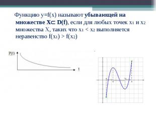 Функцию у=f(x) называют убывающей на множестве Х D(f), если для любых точек х1 и